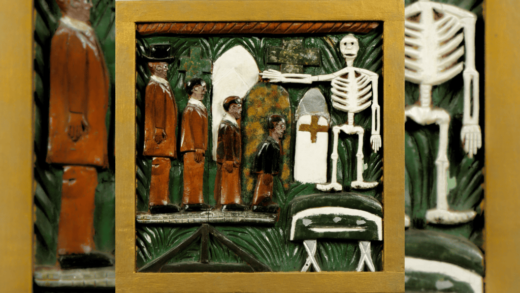 Photo: Elijah Pierce, Before Death All Are Equal, 1946–1947. Carved and painted wood relief. Gift of Mr. and Mrs. Boris Gruenwald.